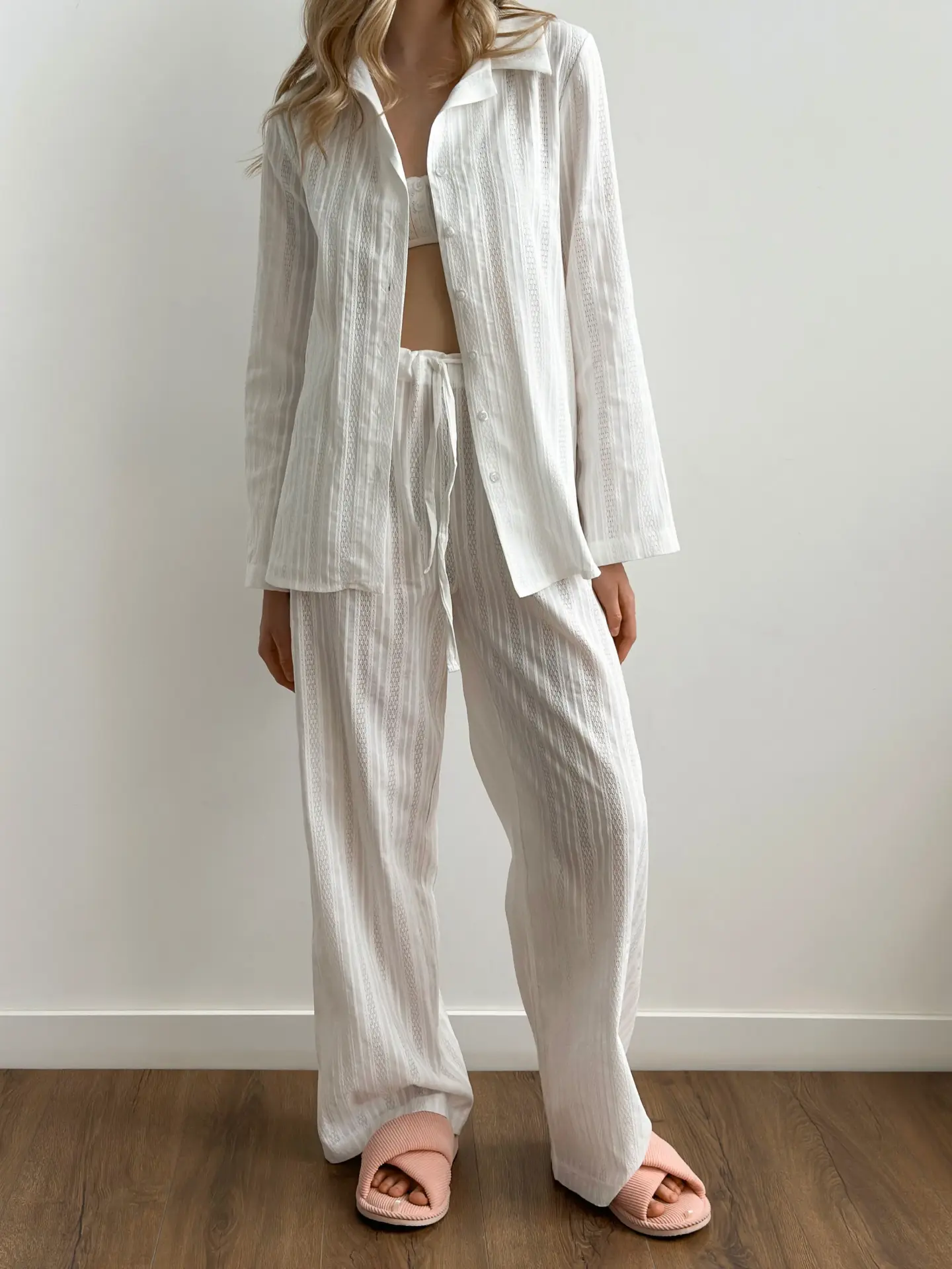 Komplet koszula i spodnie, z batystu, biały we wzory