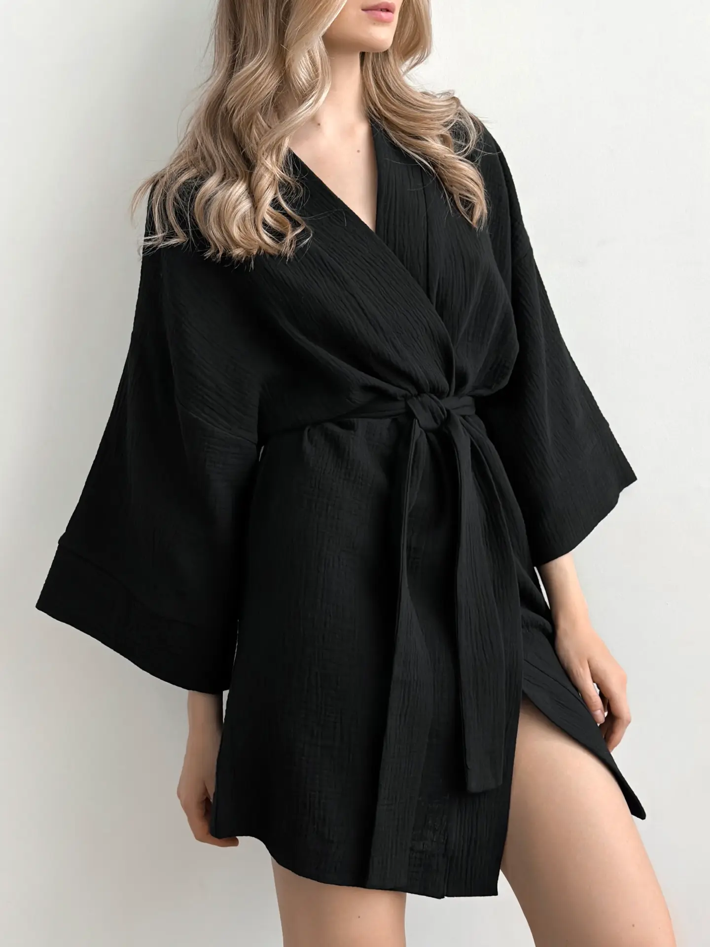 Szlafrok krótki kimono z muślinu dwuwarstwowego, czarny