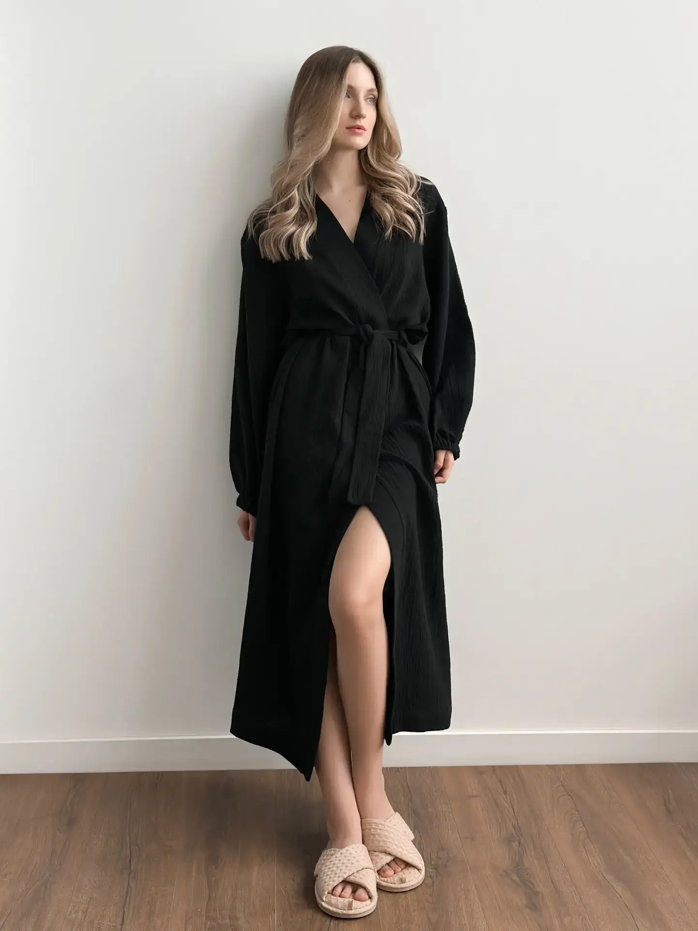 Szlafrok długi z muślinu dwuwarstwowego, czarny