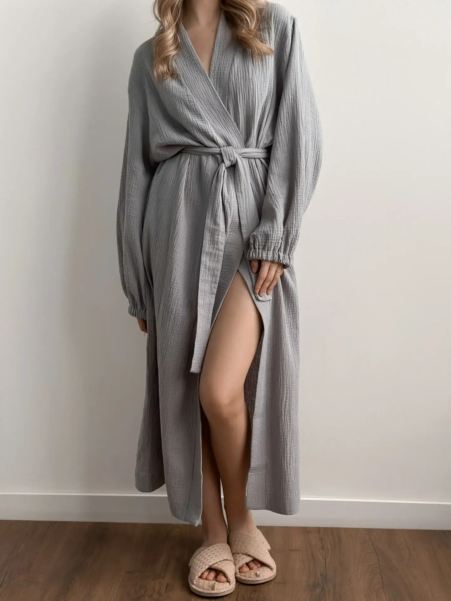 Szlafrok długi z muślinu dwuwarstwowego, szary