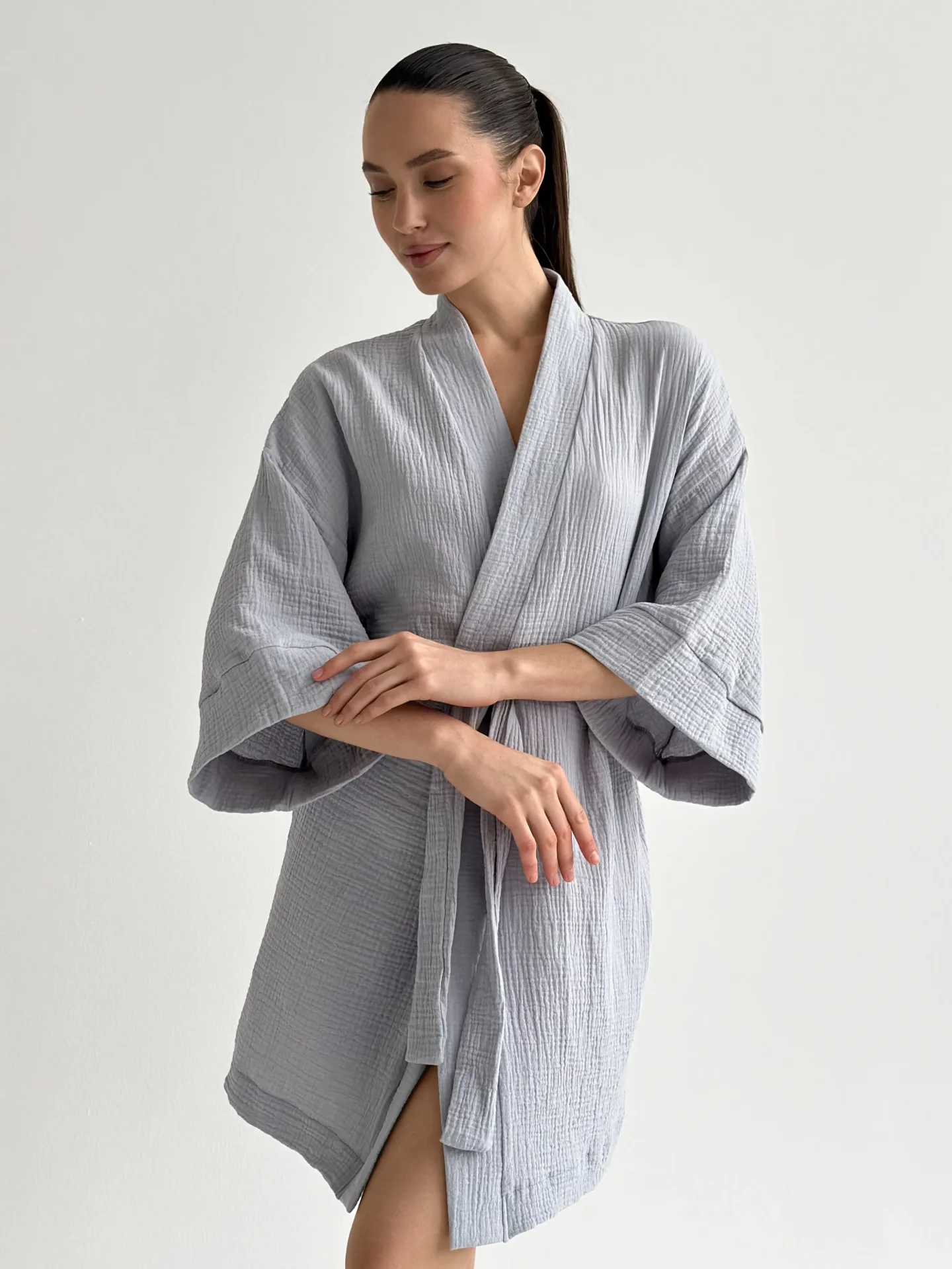 Szlafrok krótki kimono z muślinu dwuwarstwowego, szary