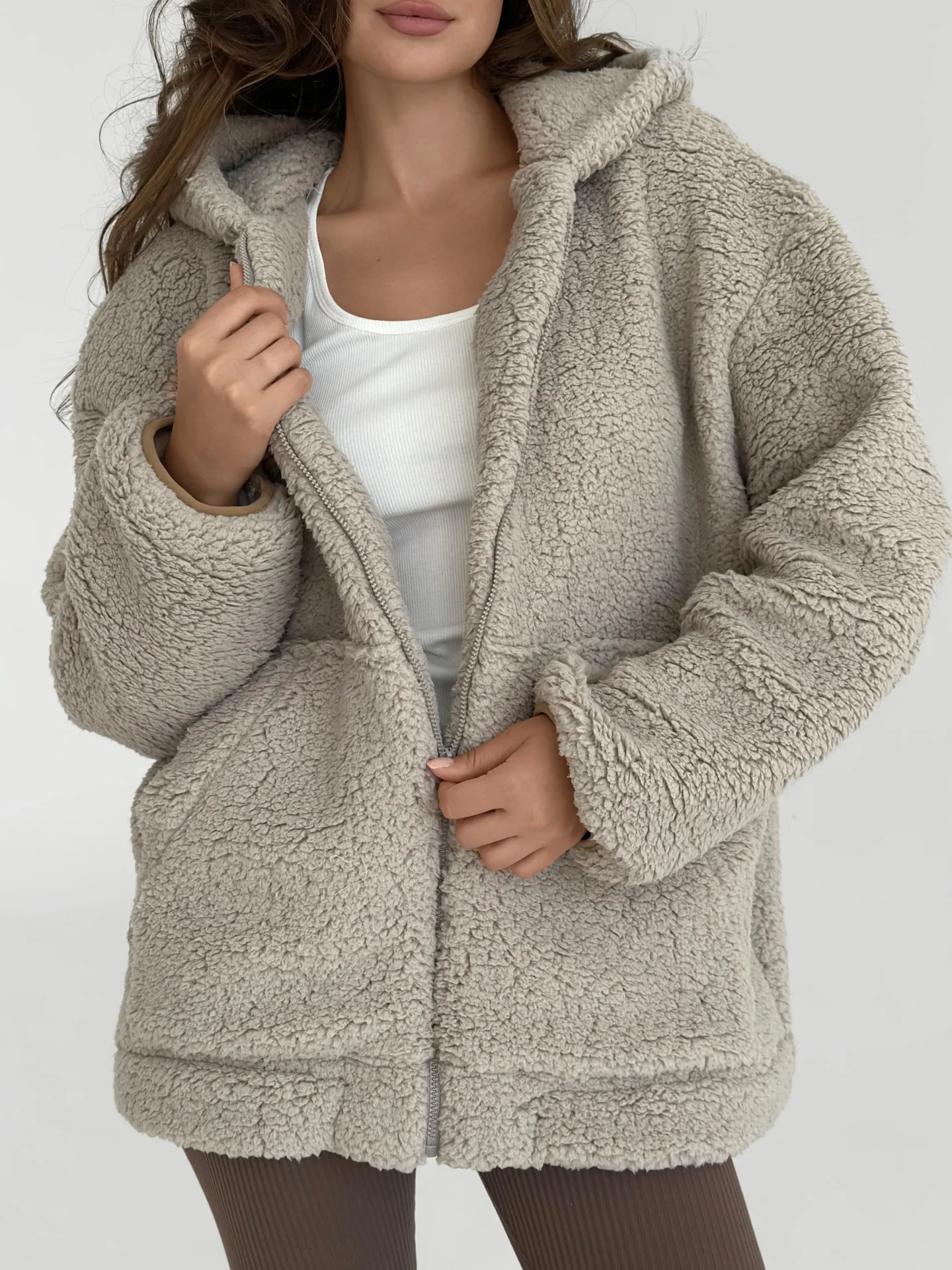 Bluza TEDDY z pluszu, ciemnobeżowa