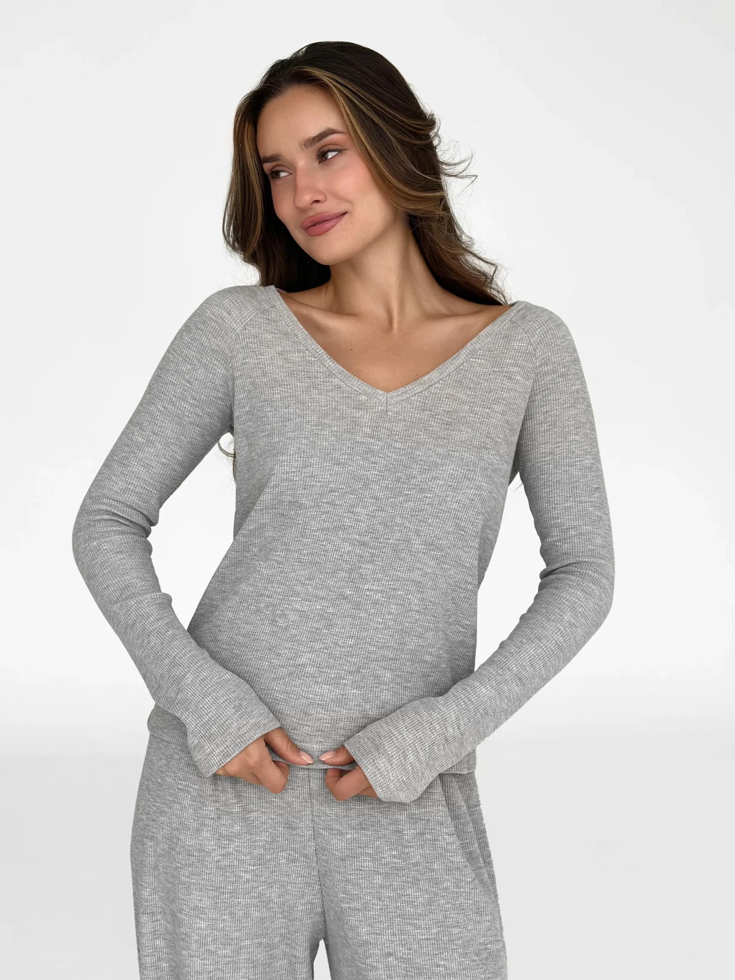 Koszulka longsleeve raglan, z dzianiny waflowej, szara