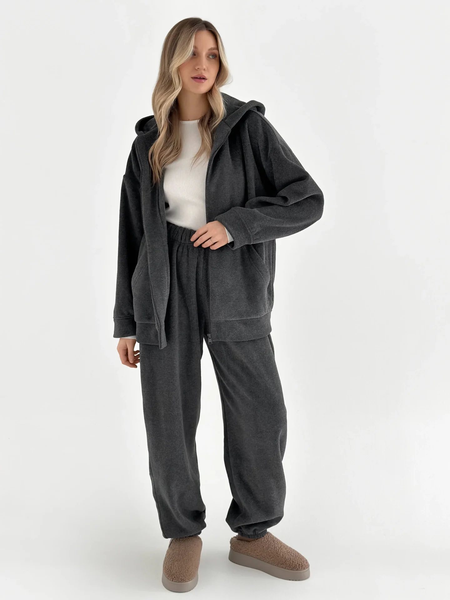 Komplet bluza i spodnie proste, z polaru, grafitowy