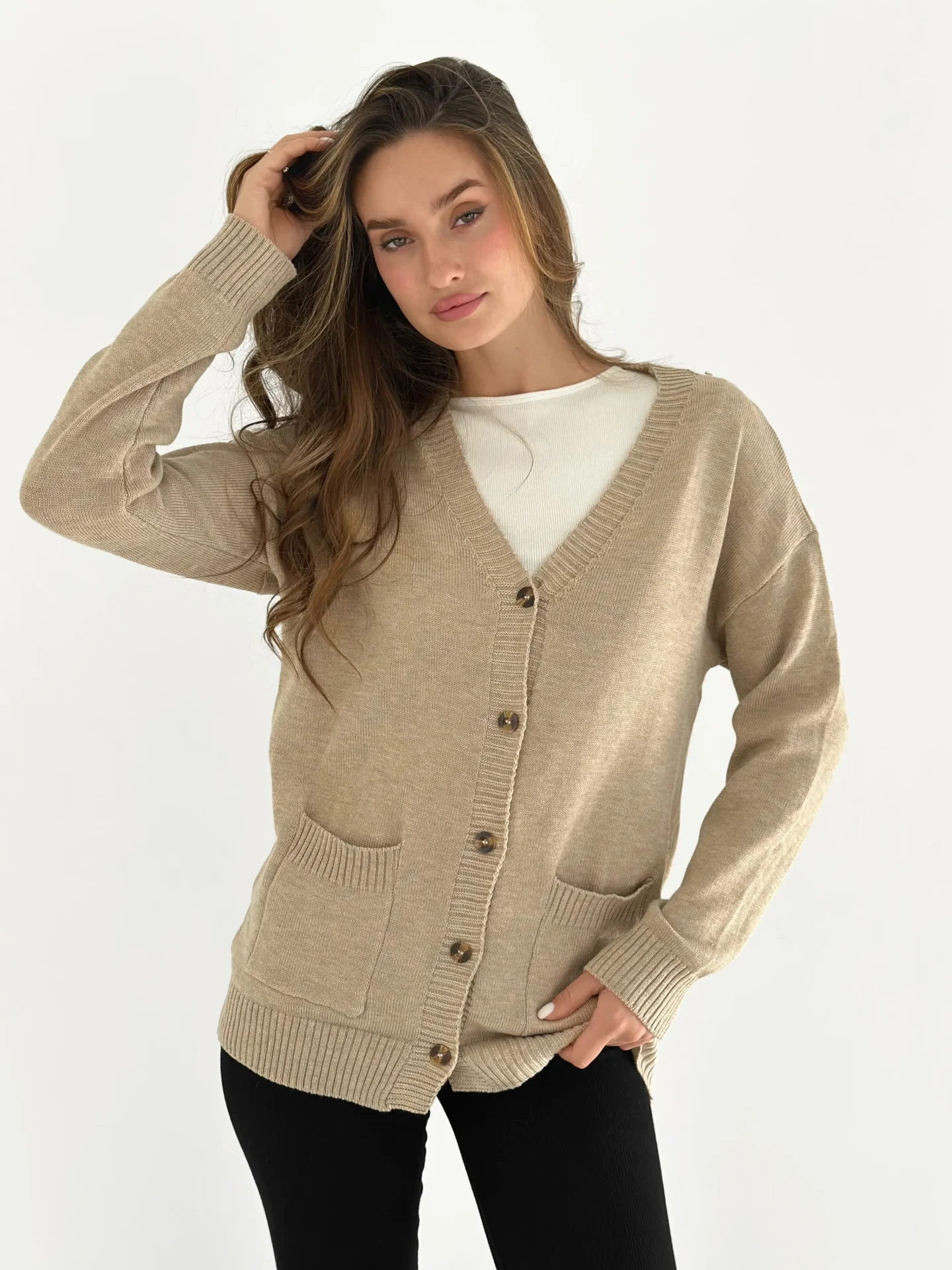Kardigan dziany długi na guziki, beżowy