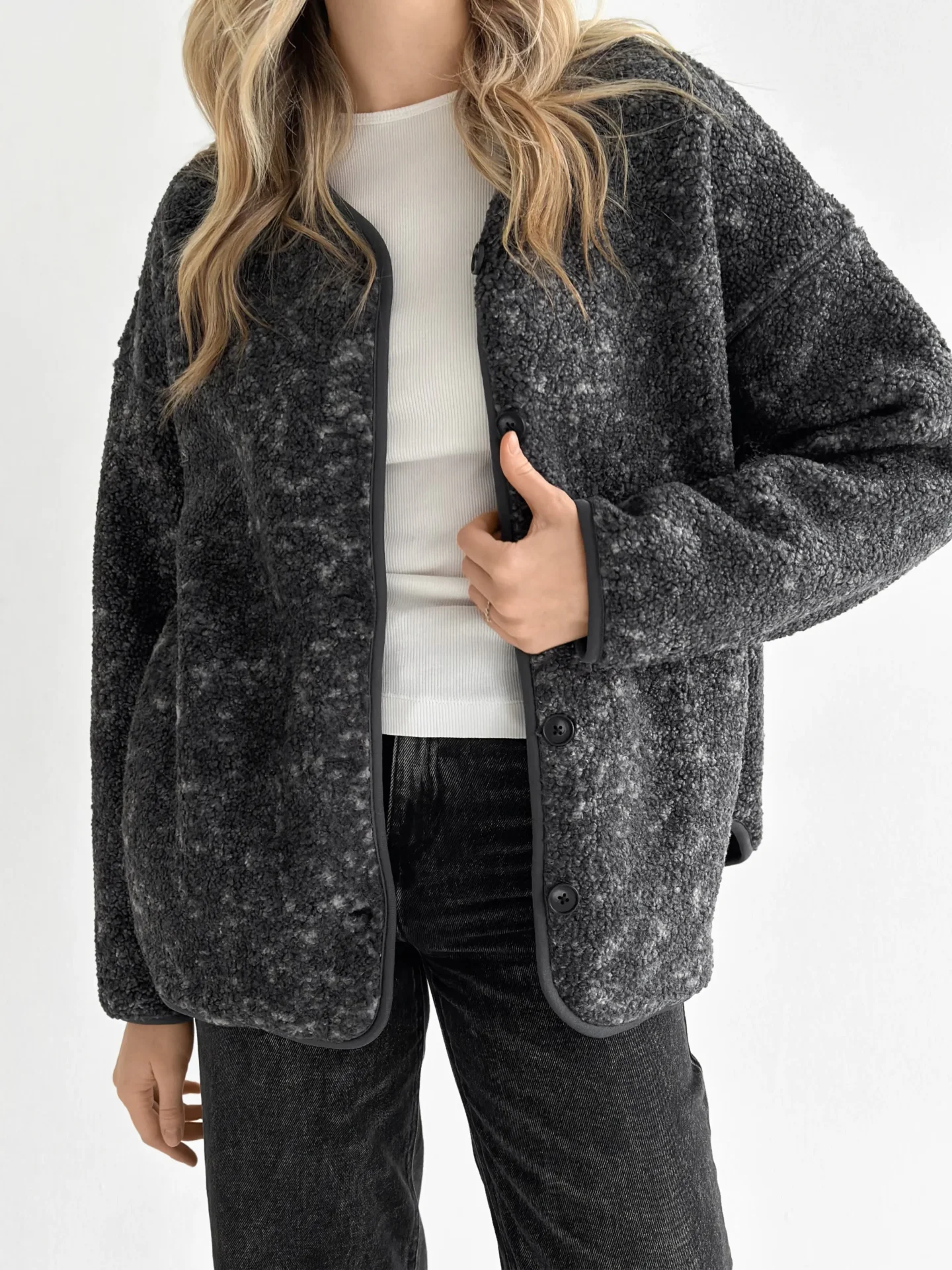 Kurtka Teddy przejściowa z pluszu, grafitowa