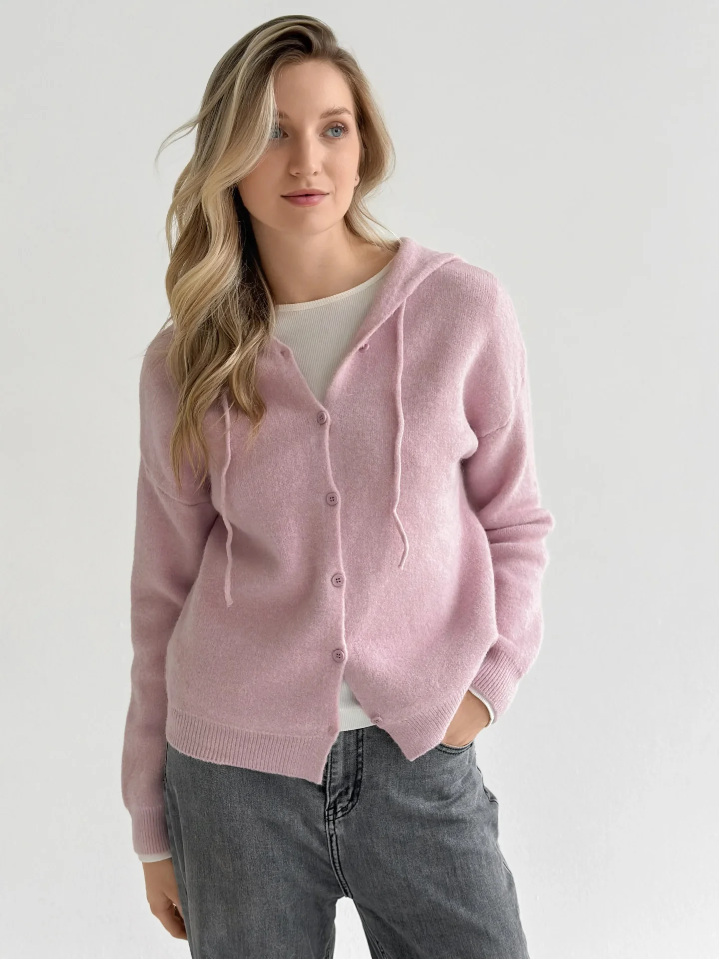Kardigan na guziki z kapturem, różowy