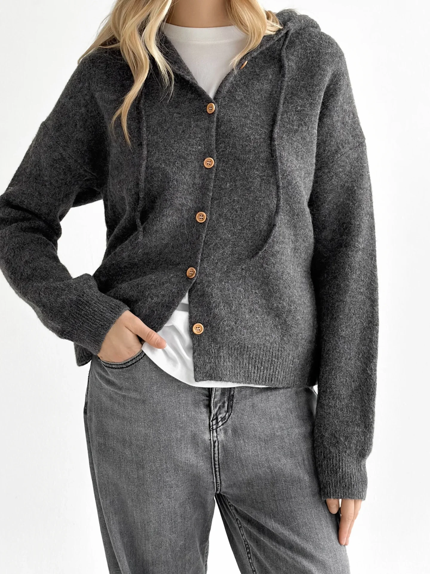 Kardigan na guziki z kapturem, grafitowy