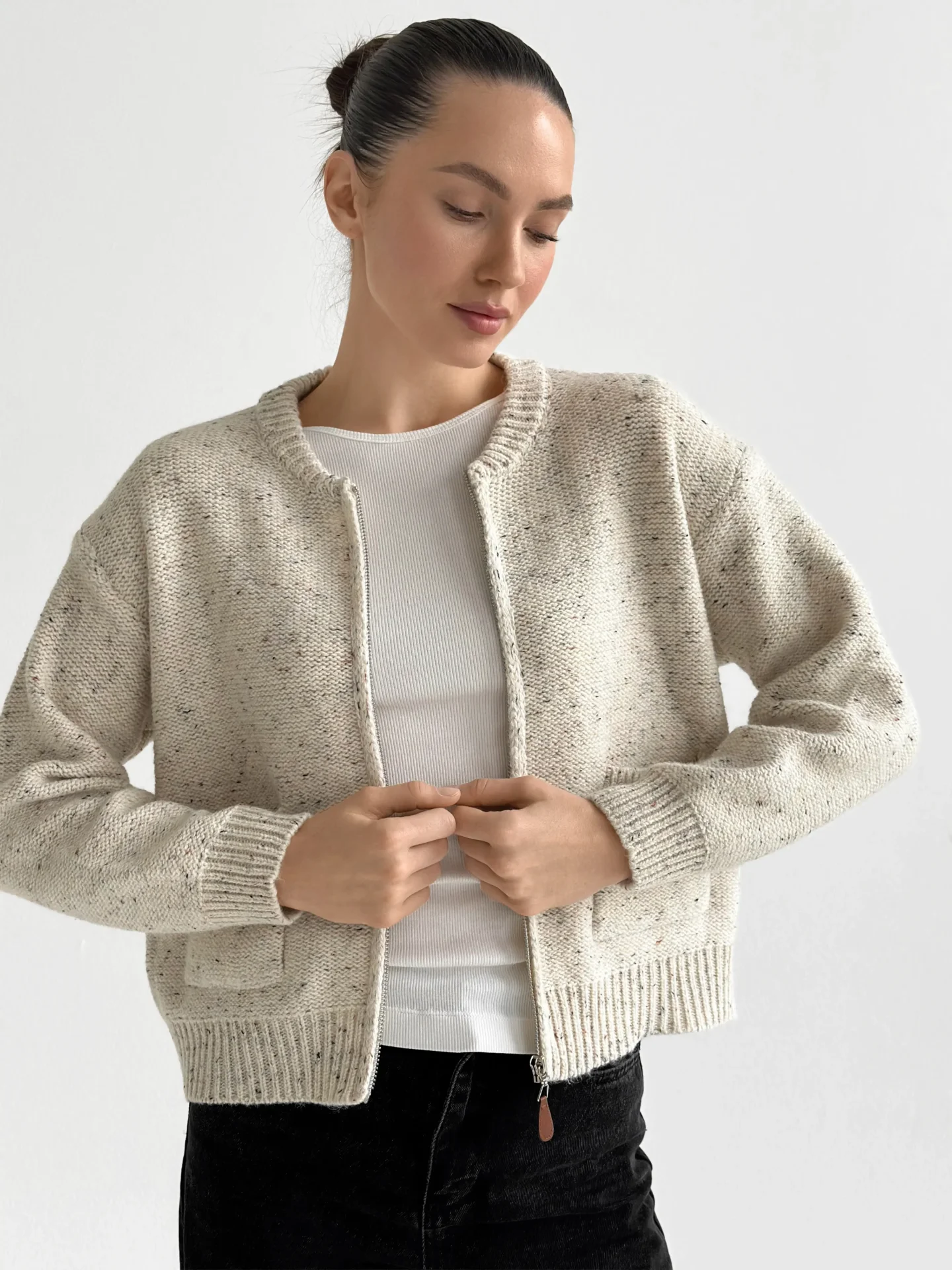 Kardigan na zamek błyskawiczny, kremowy
