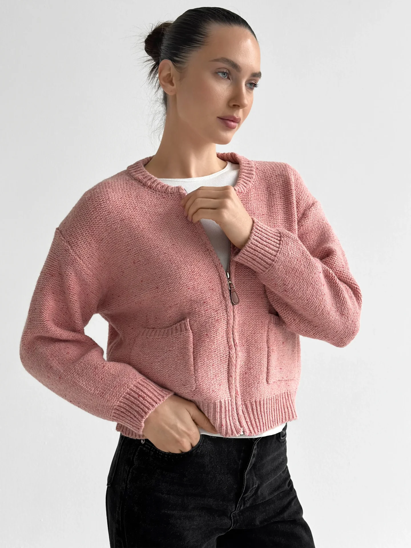 Kardigan na zamek błyskawiczny, różowy