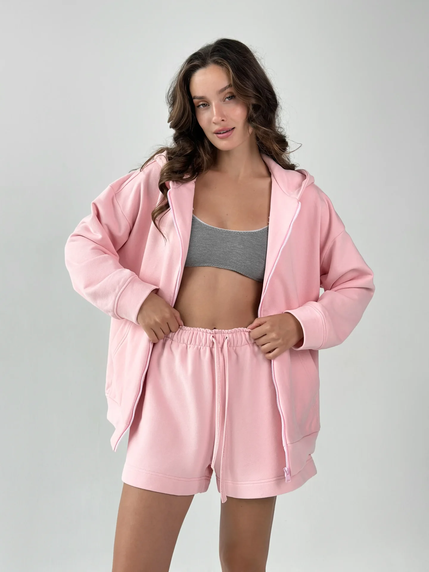 Bluza z kapturem na zamek, z dzianiny 3-nitkowej, różowa