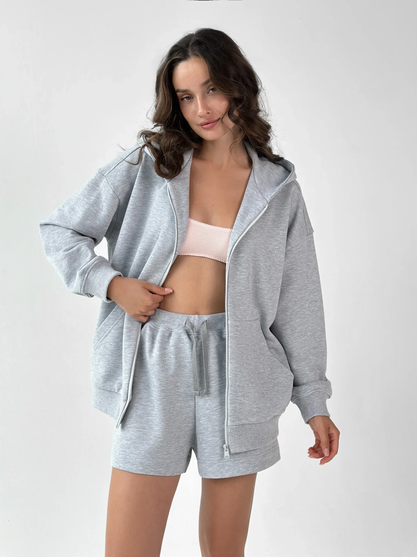 Bluza z kapturem na zamek, z dzianiny 3-nitkowej, szara