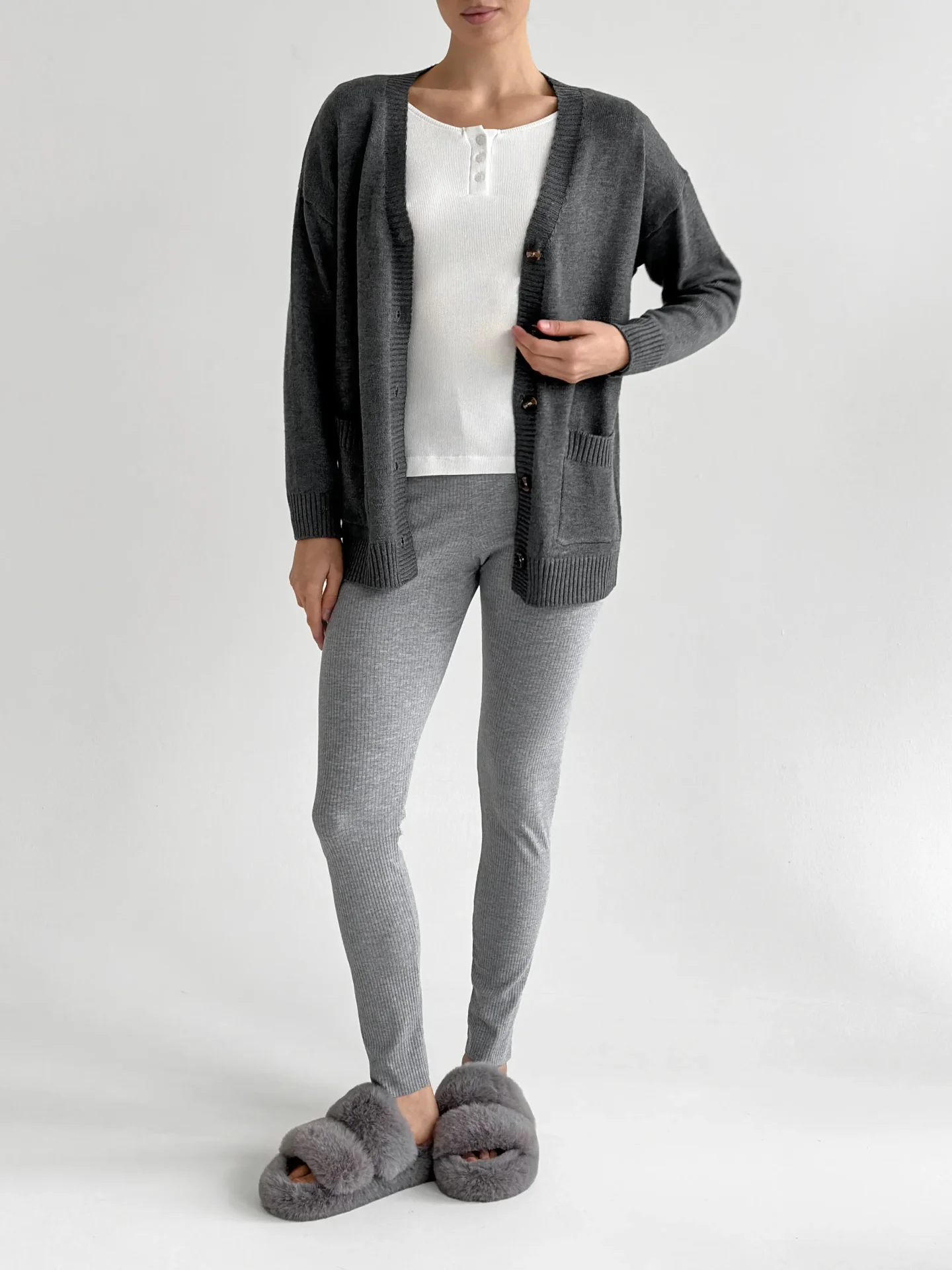 Legginsy z dzianiny prążkowanej szerokiej, szare