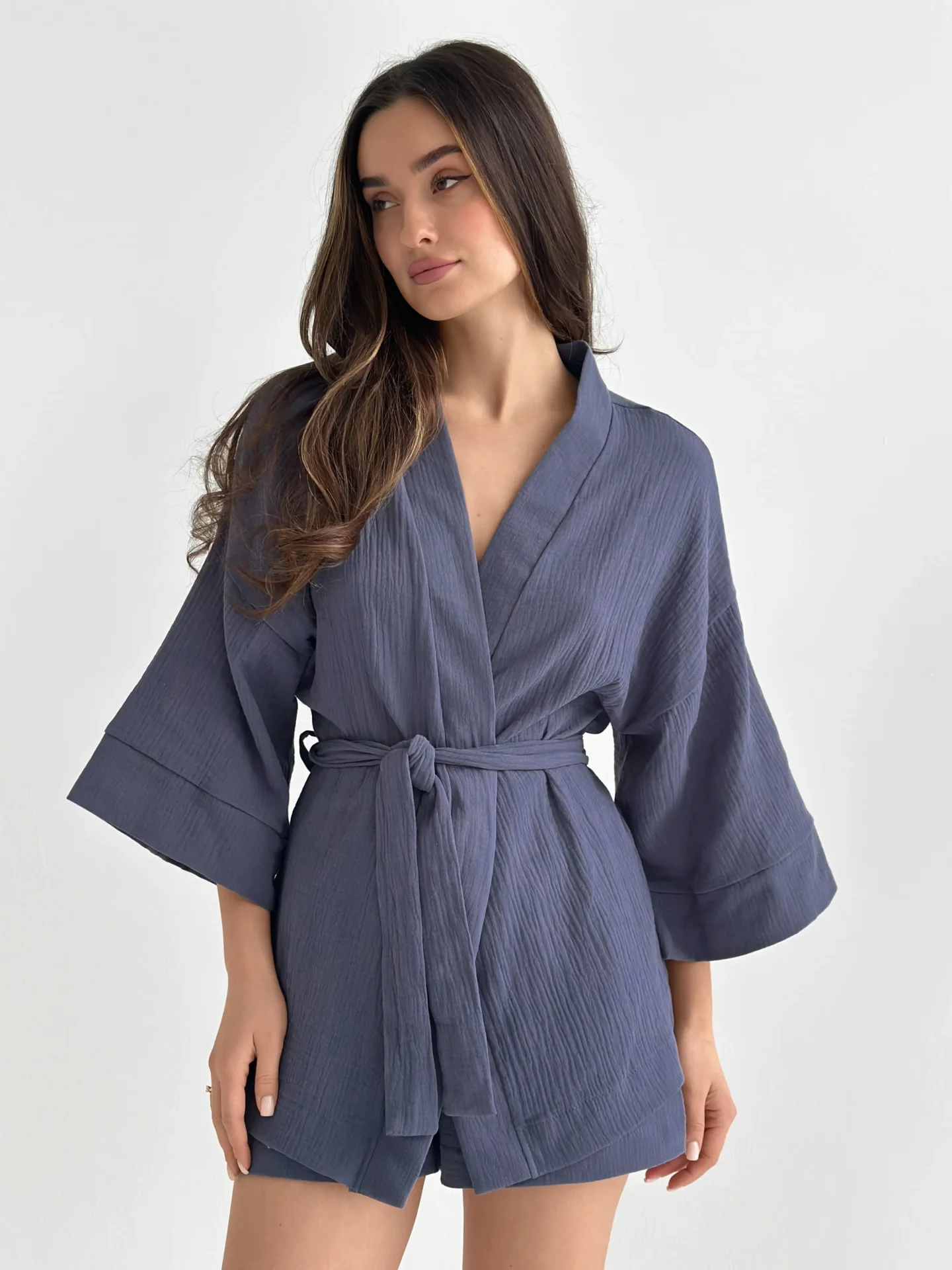 Komplet szlafrok krótki kimono i szorty, z muślinu dwuwarstwowego, niebieski