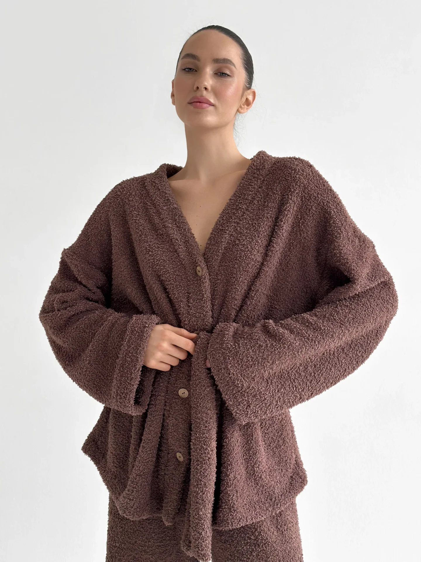 Bluza Soft na guziki, z frotte, brązowa