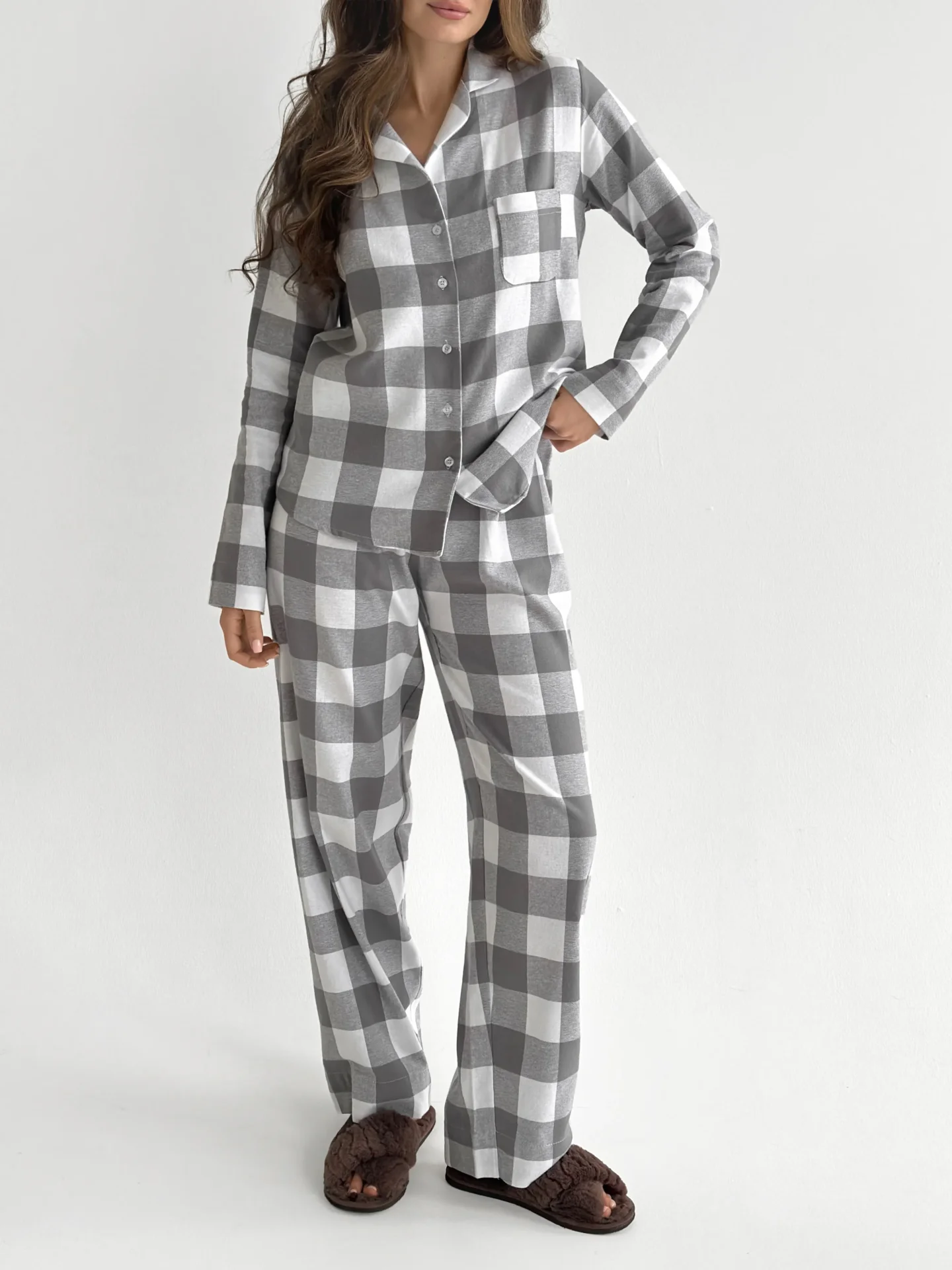 Komplet piżamowy koszula i spodnie, z flaneli, mleczny w dużą szarą kratkę
