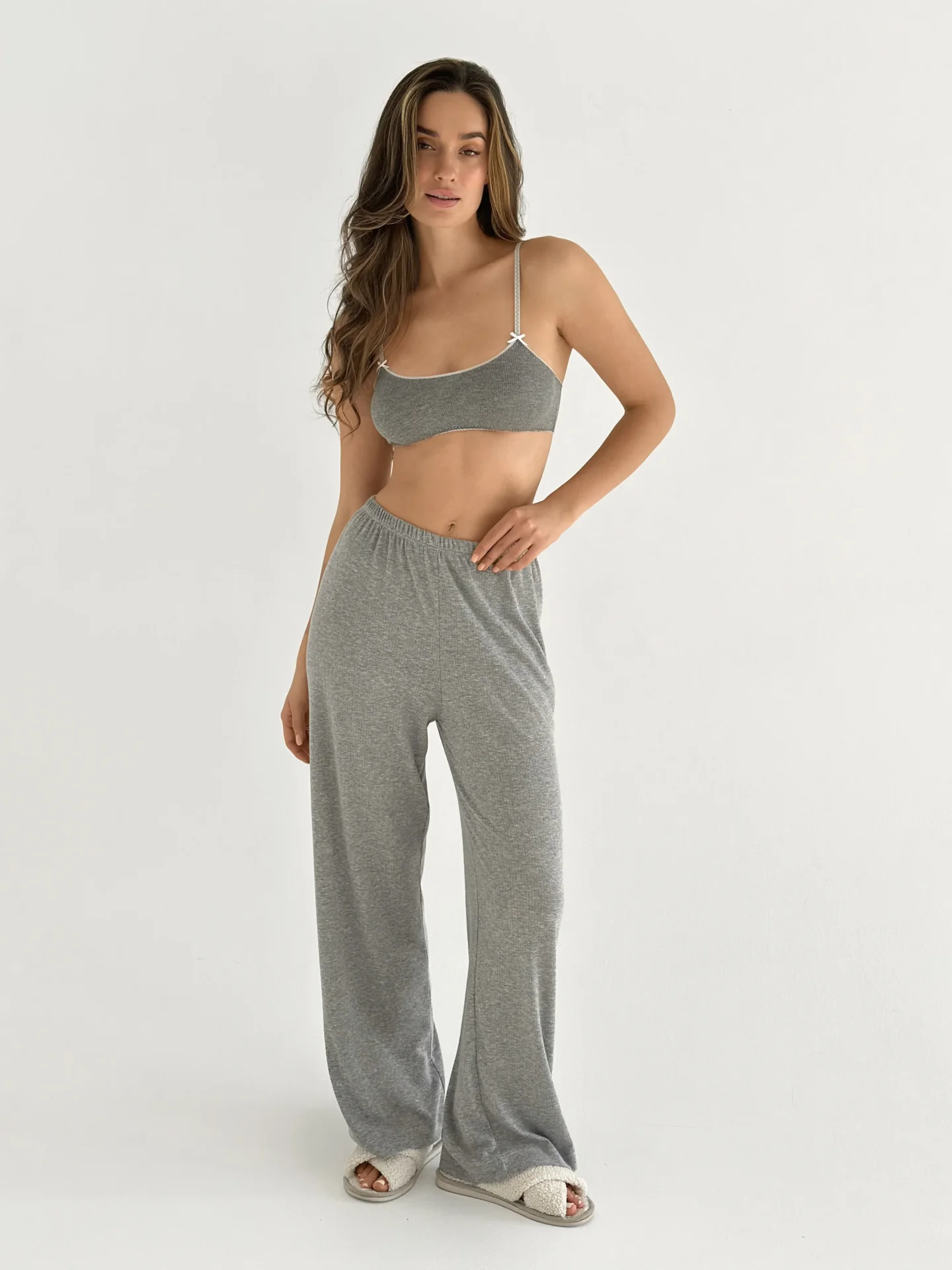 Spodnie szerokie z ribany prążkowanej, antracytowe