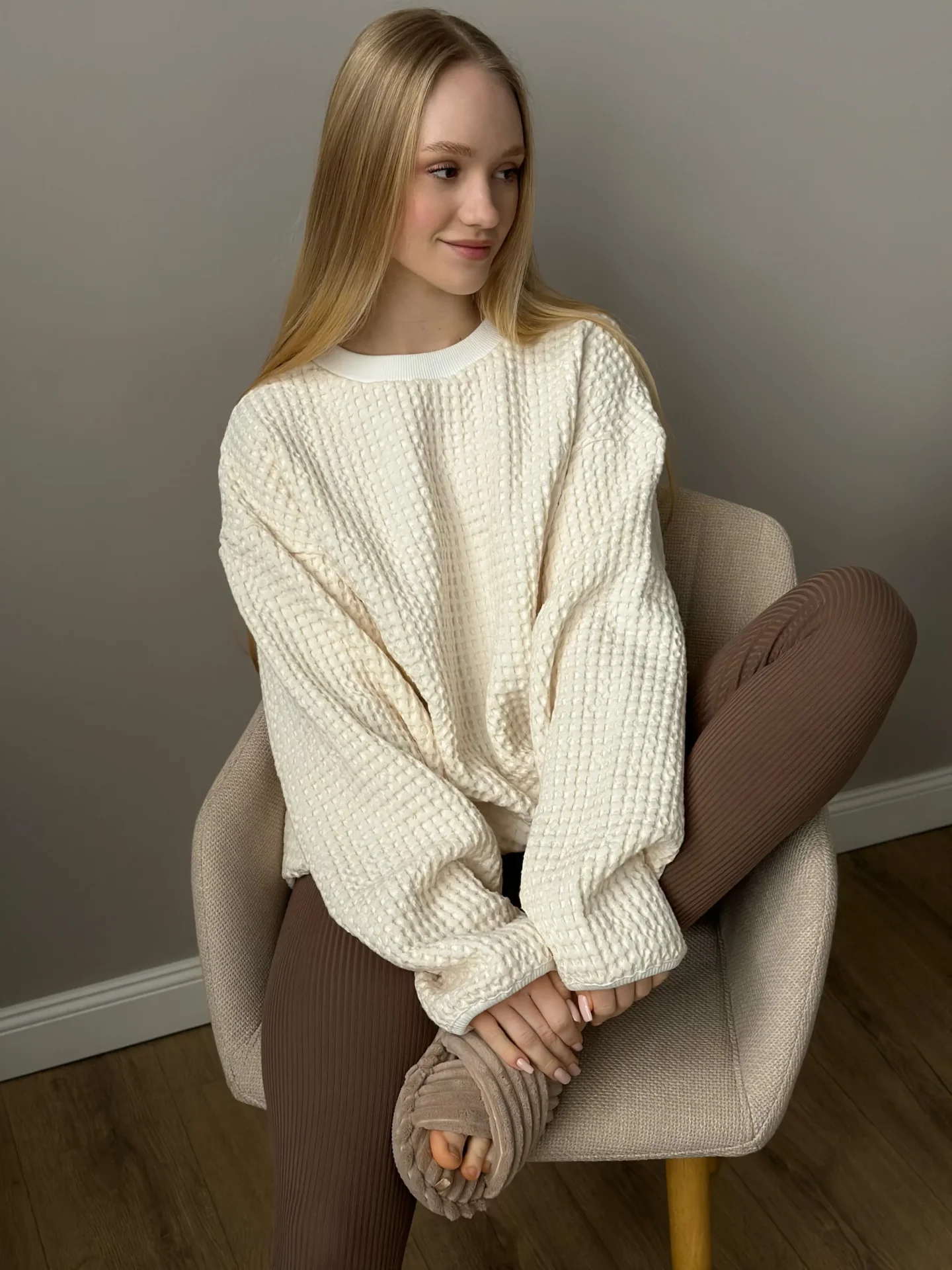 Bluza z tkaniny waflowej o dużym splocie, mleczna