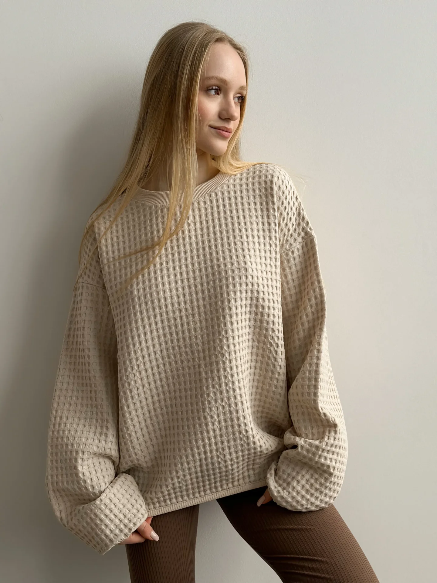 Bluza z tkaniny waflowej o dużym splocie, beżowa