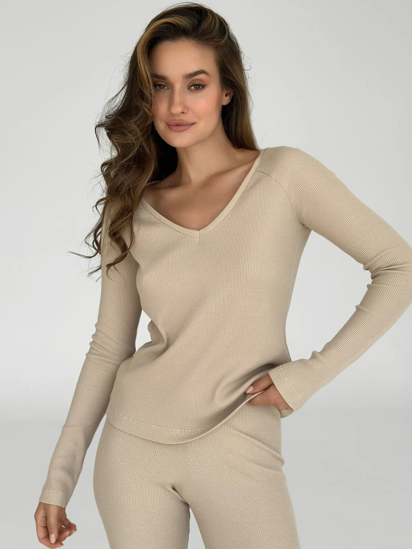 Koszulka longsleeve raglan, z dzianiny waflowej, beżowa