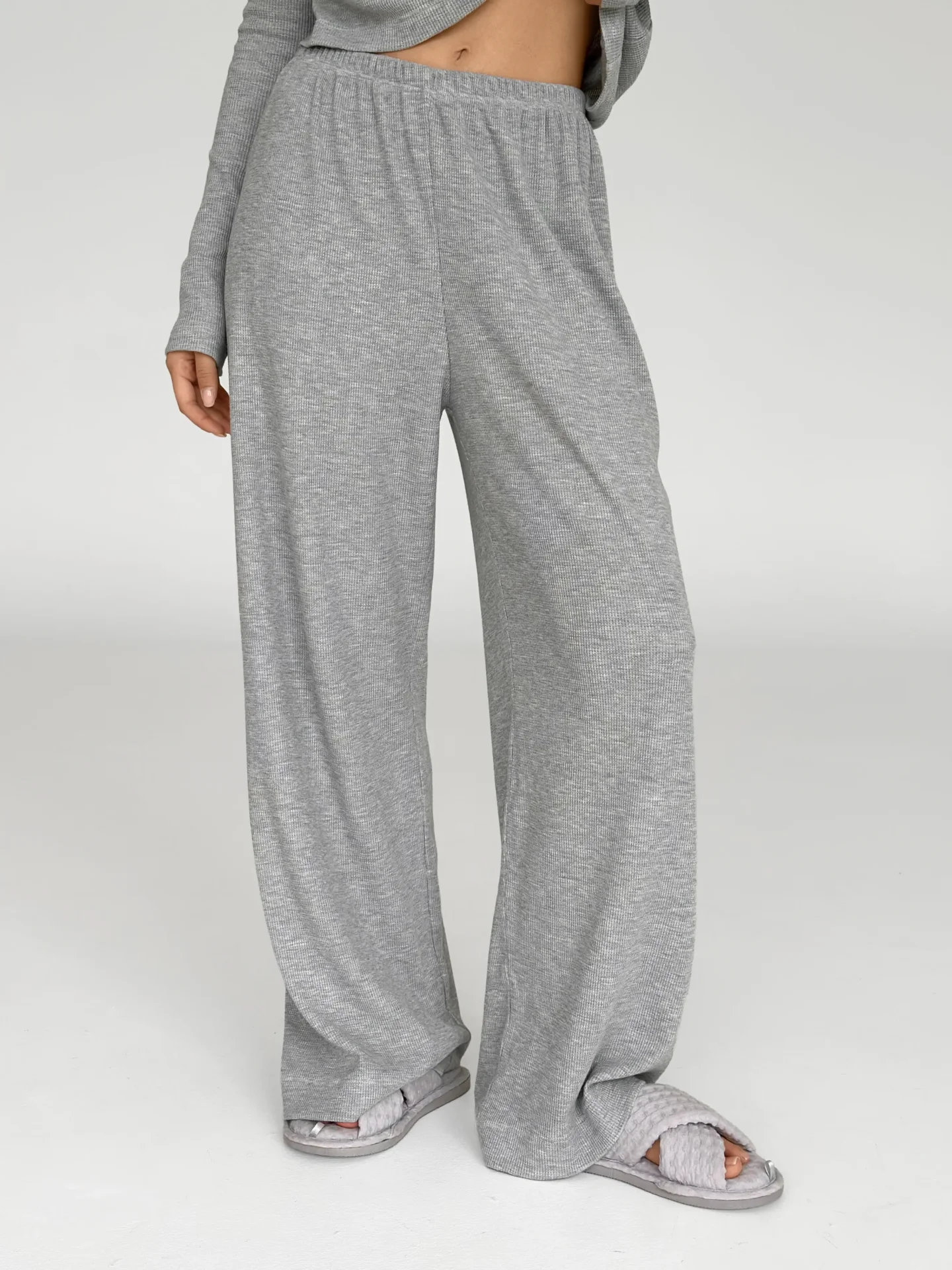 Spodnie szerokie z dzianiny waflowej, szare
