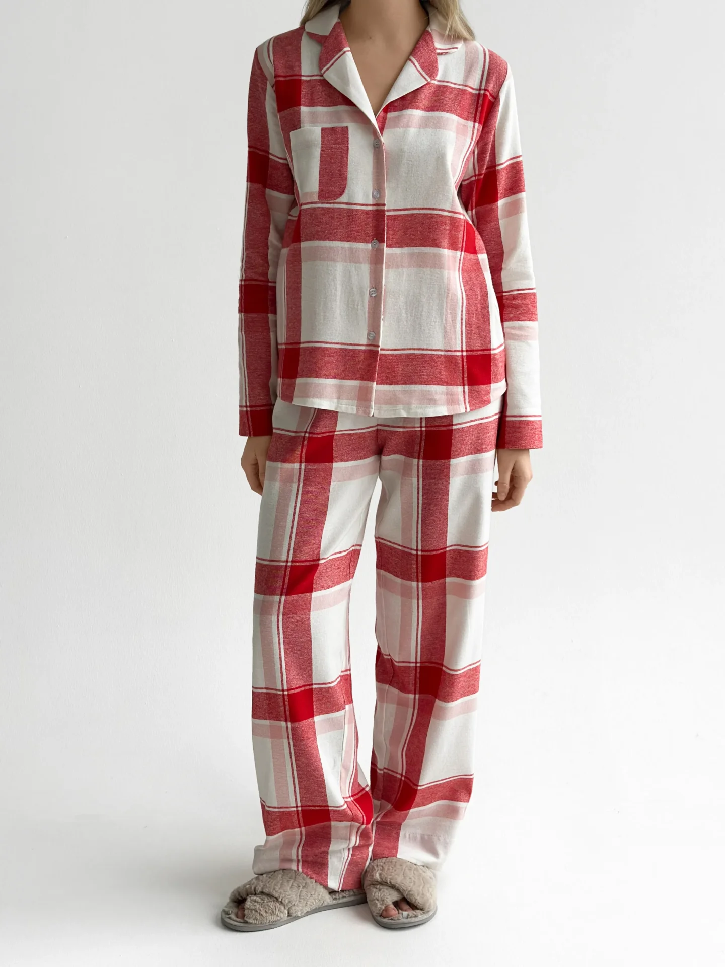 Komplet piżamowy koszula i spodnie, z flaneli, mleczny w czerwoną kratę
