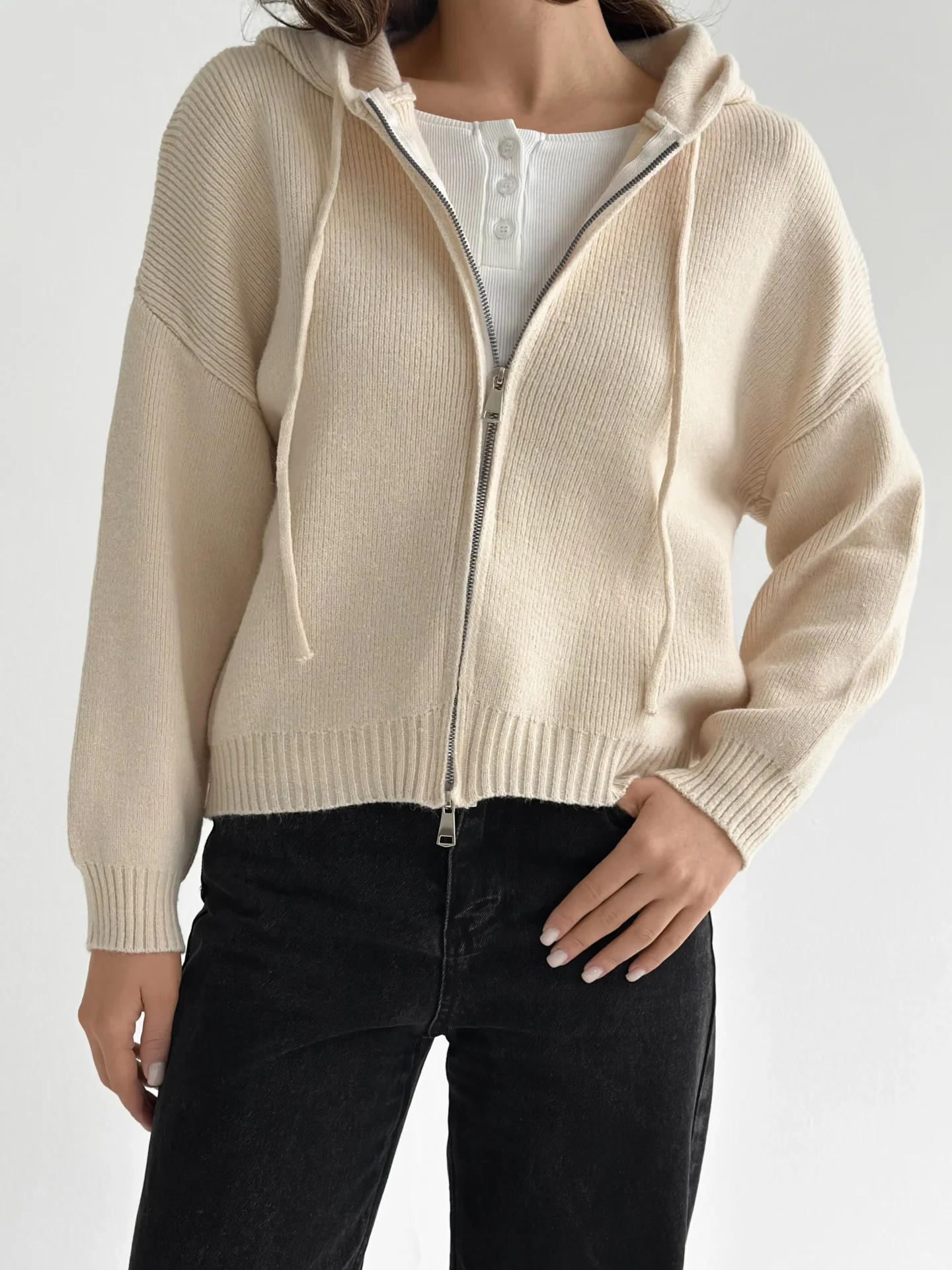 Bluza z kapturem na zamek błyskawiczny, kremowa