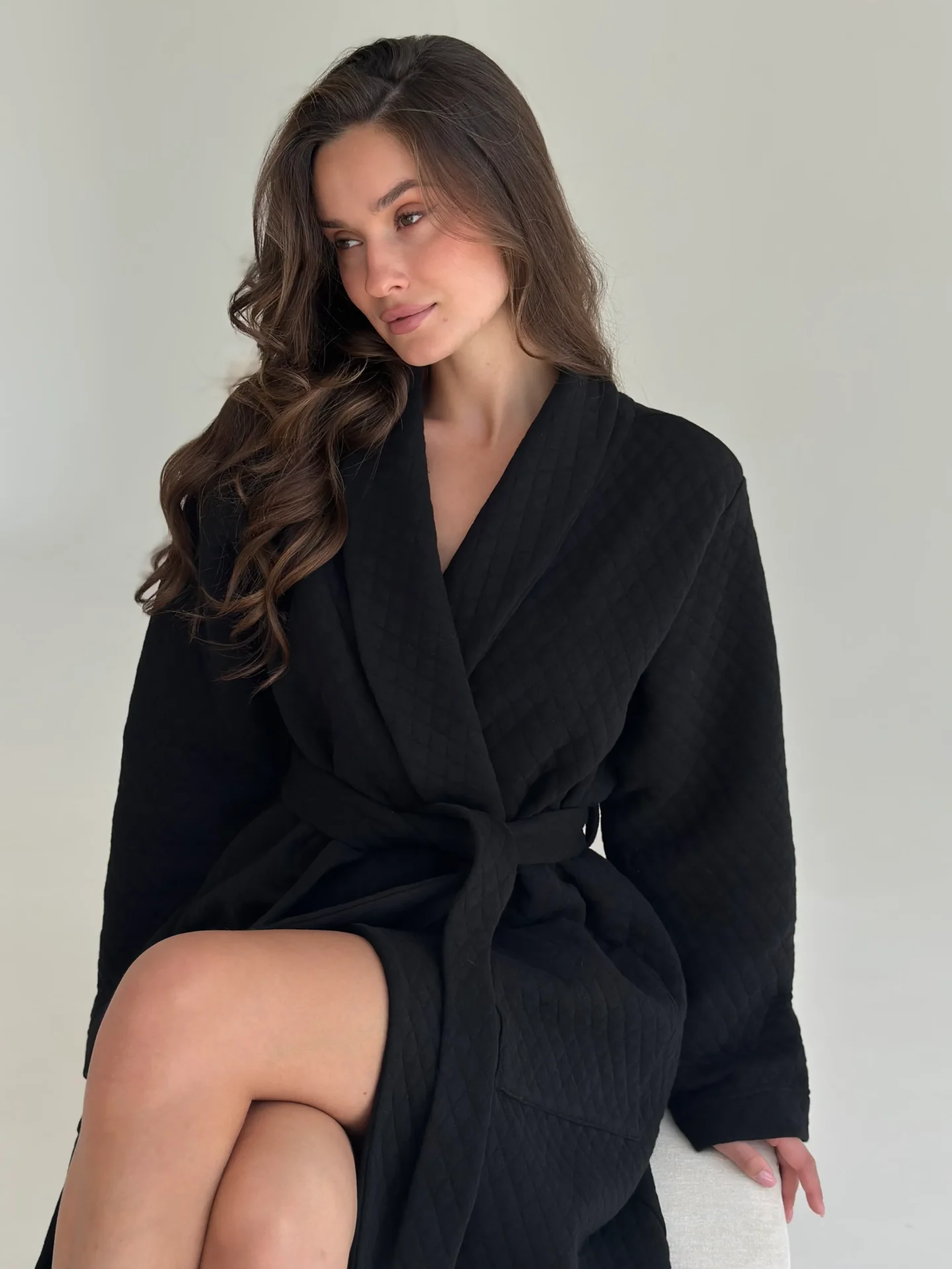 Szlafrok z dzianiny pikowanej, czarny