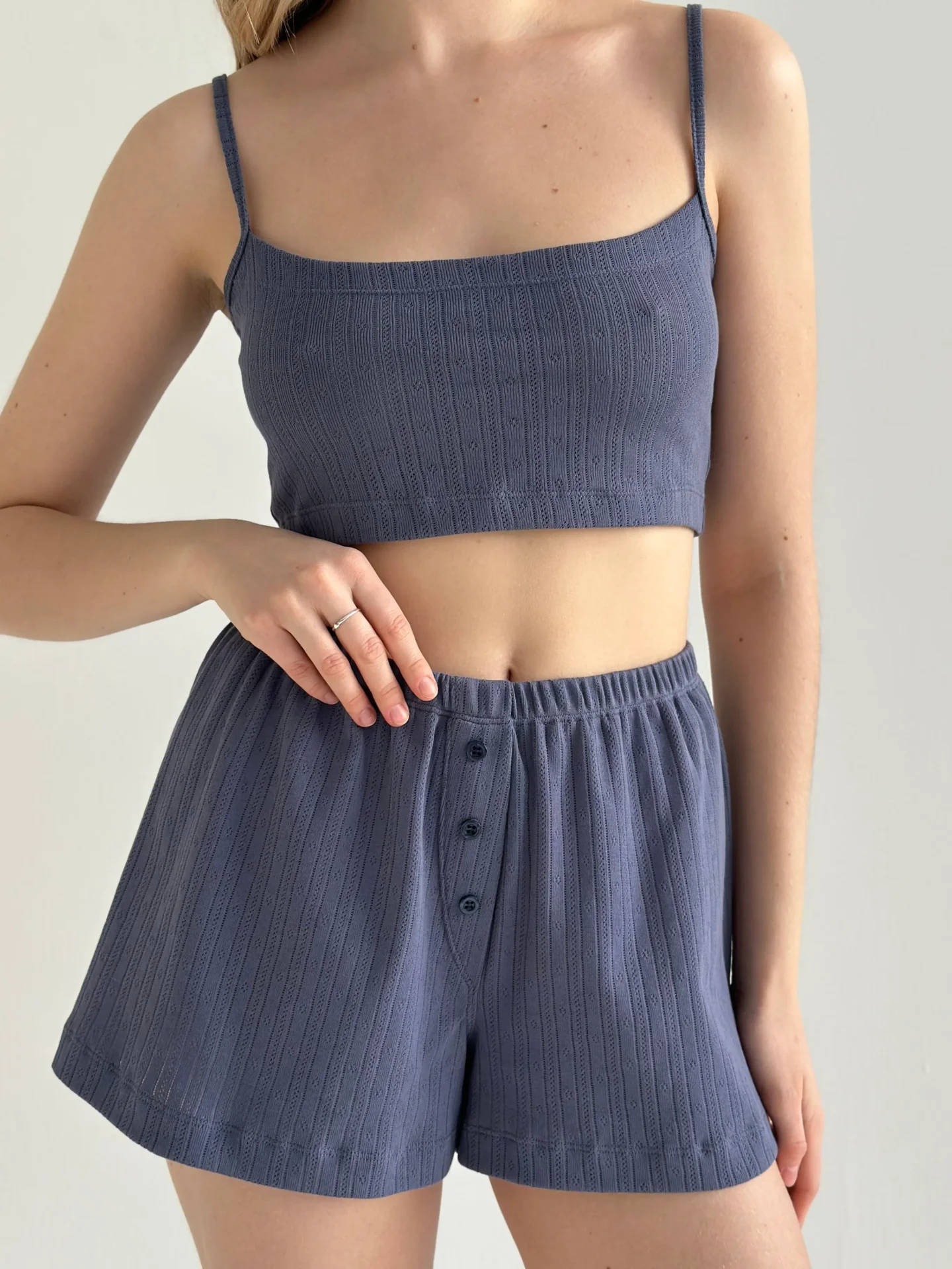 Top mini na ramiączkach, z ribany, granatowy