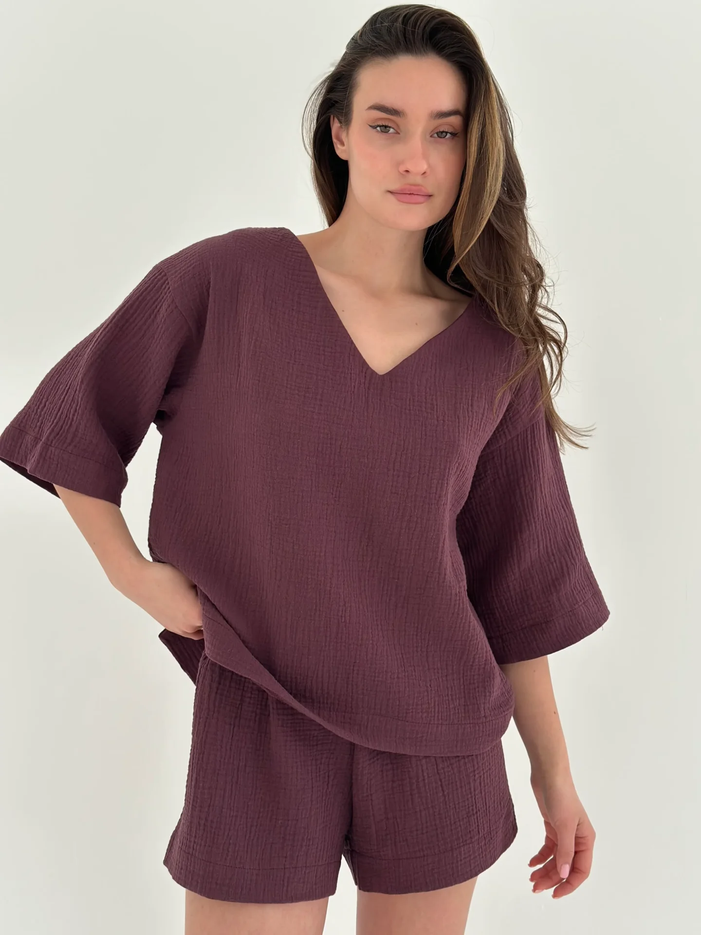 Komplet koszulka i szorty, z muślinu dwuwarstwowego, czekoladowy