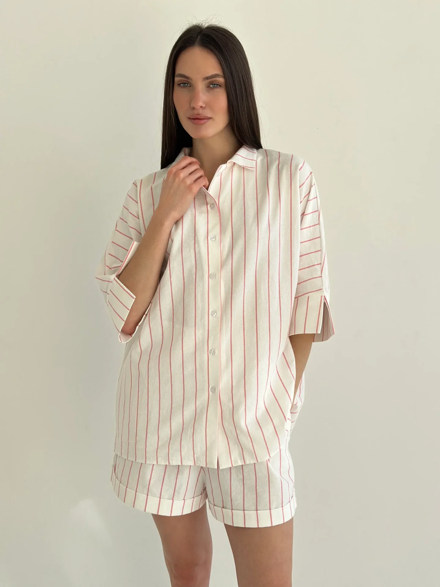 Komplet koszula i szorty, z bawełny, kremowy w różowe paski