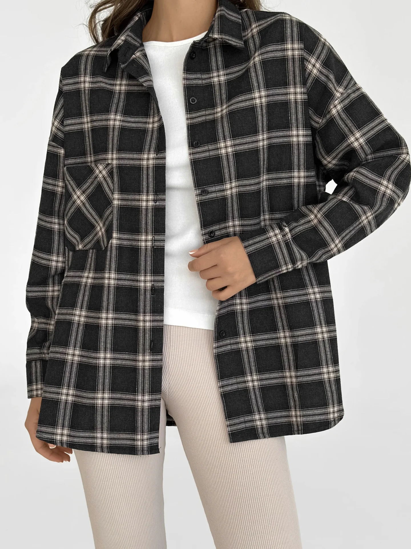 Koszula z flaneli, czarna w dużą beżową kratkę