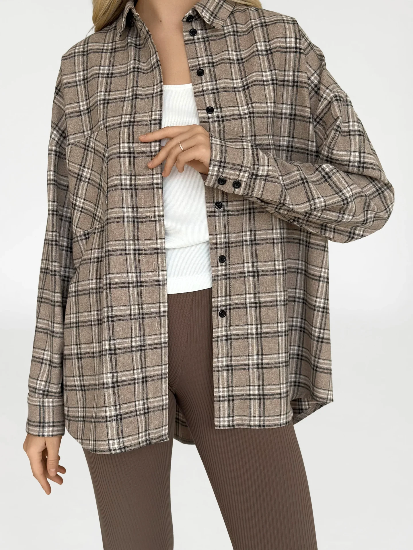 Koszula z flaneli, beżowa w dużą czarną kratkę