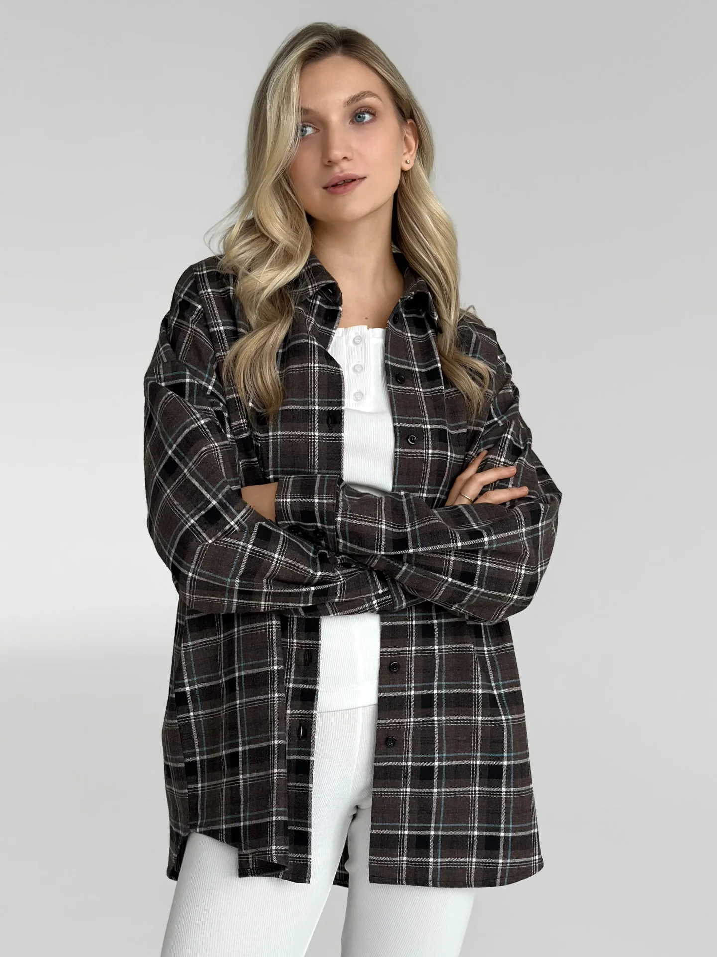 Koszula z flaneli, brązowa w dużą biało‑niebieską kratkę