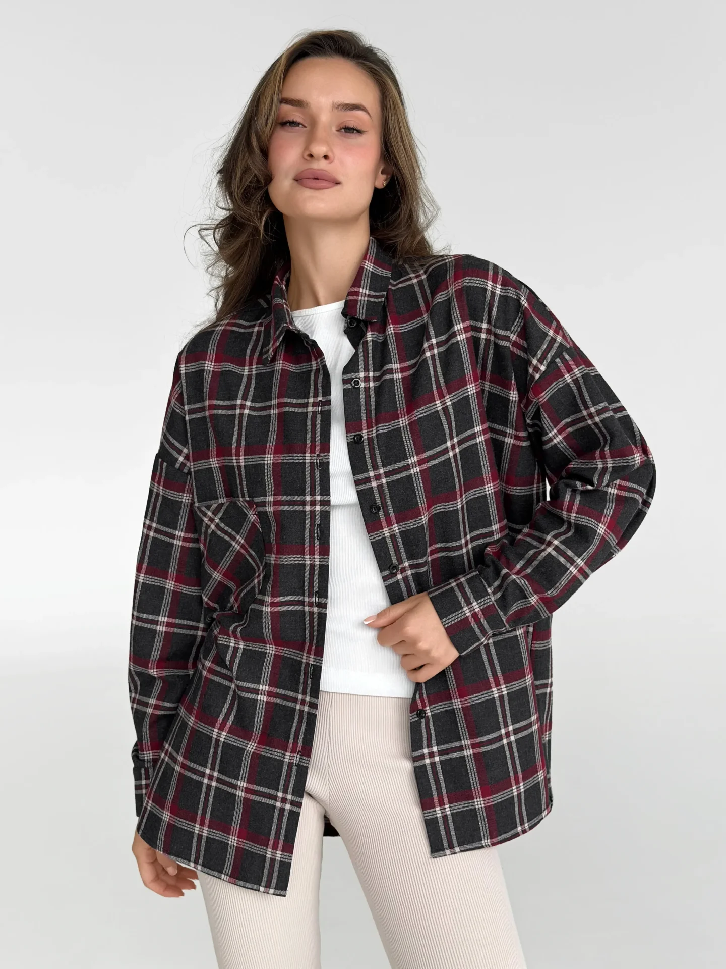 Koszula z flaneli, czarna w dużą bordowo‑białą kratkę