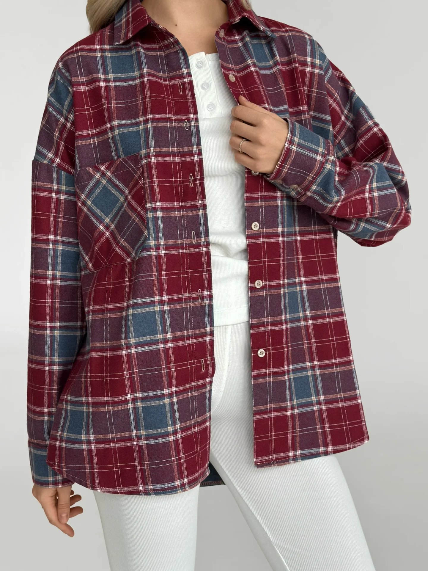 Koszula z flaneli, bordowo‑granatowa w dużą białą kratkę