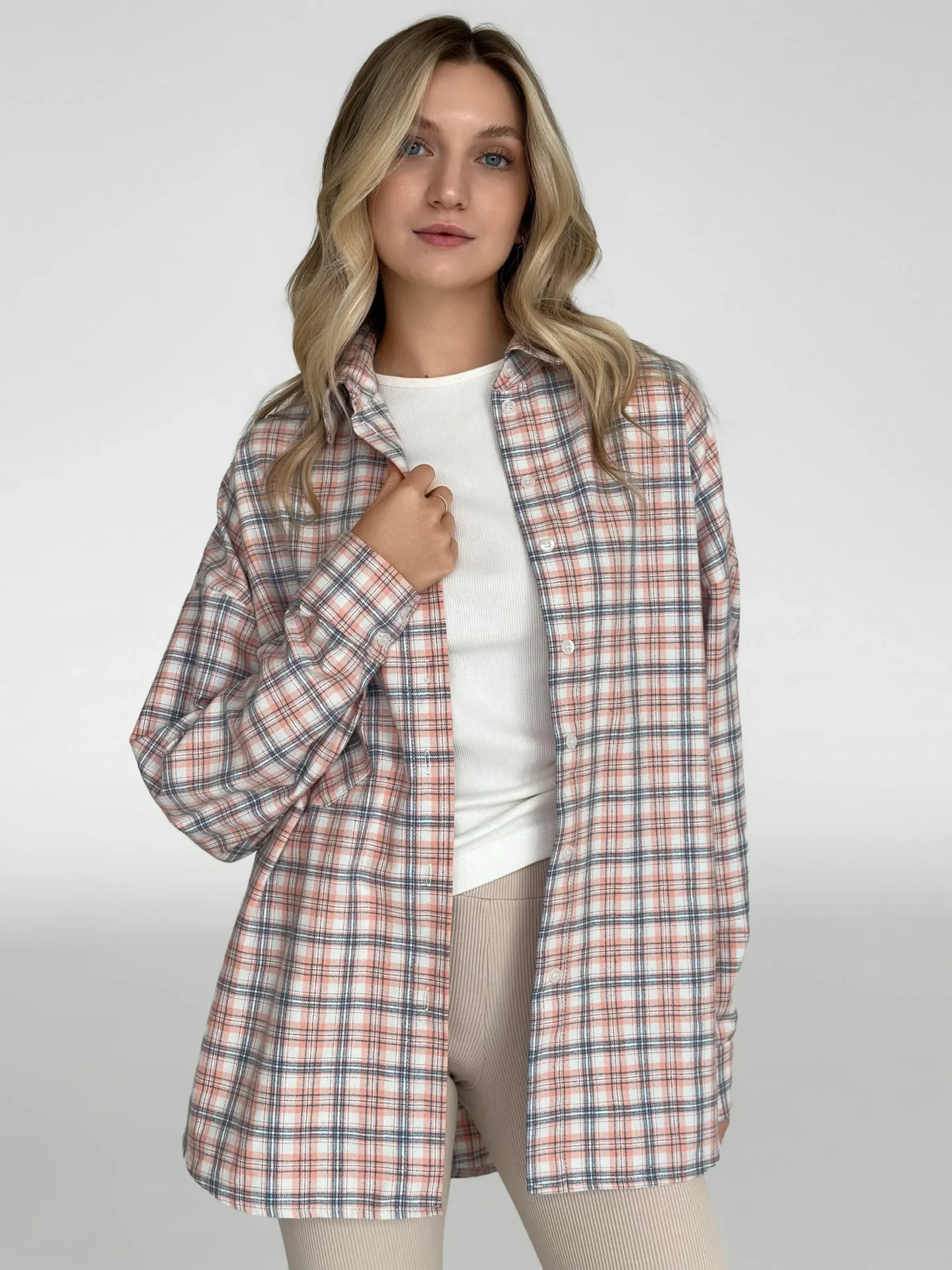 Koszula z flaneli, kremowa w drobną pomarańczowo‑niebieską kratkę