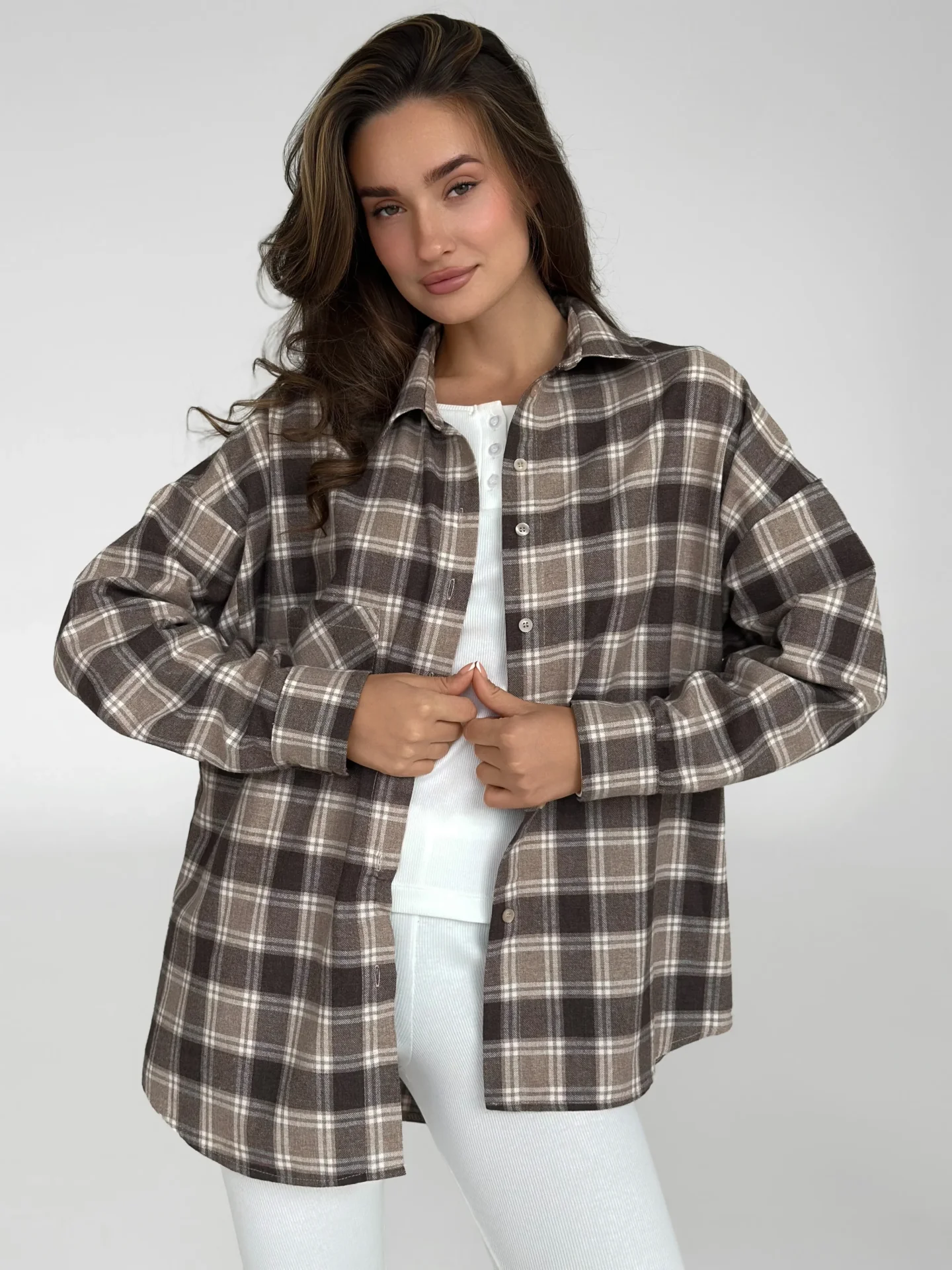 Koszula z flaneli, beżowo‑brązowa w dużą białą kratkę