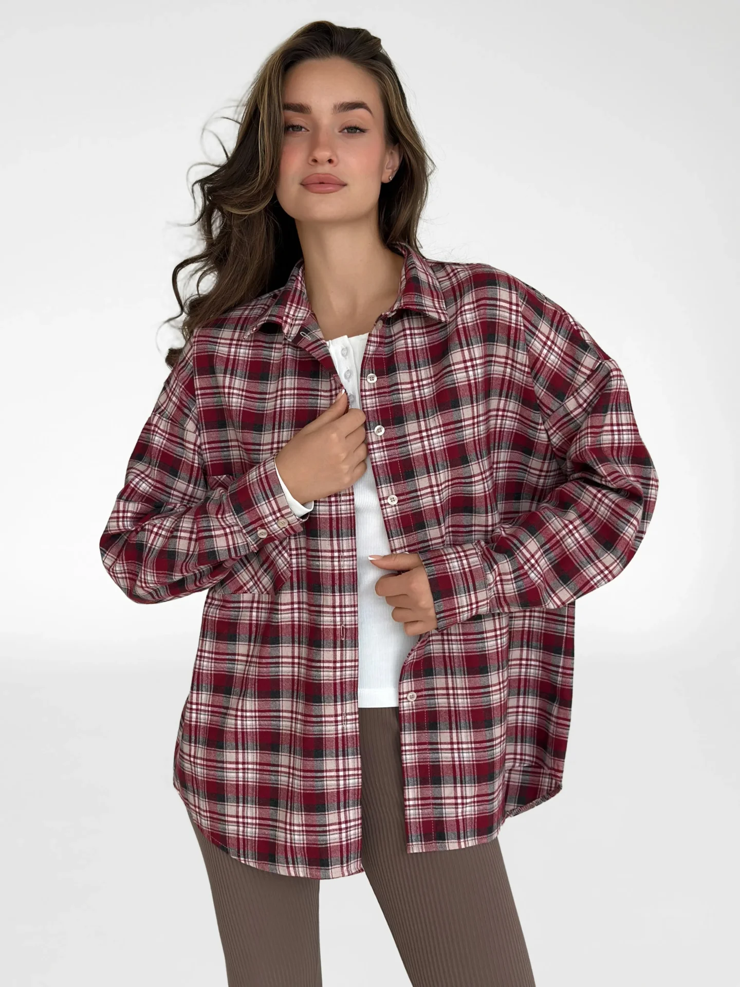 Koszula z flaneli, bordowa w drobną mleczno‑czarną kratkę