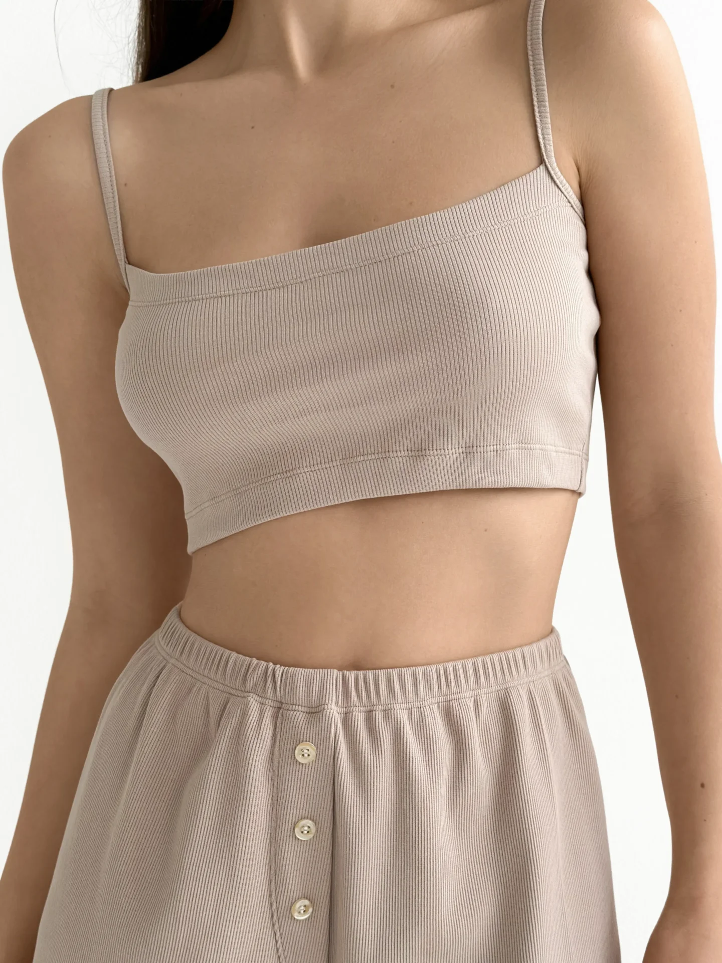 Top mini na ramiączkach, z dzianiny prążkowanej, beżowy